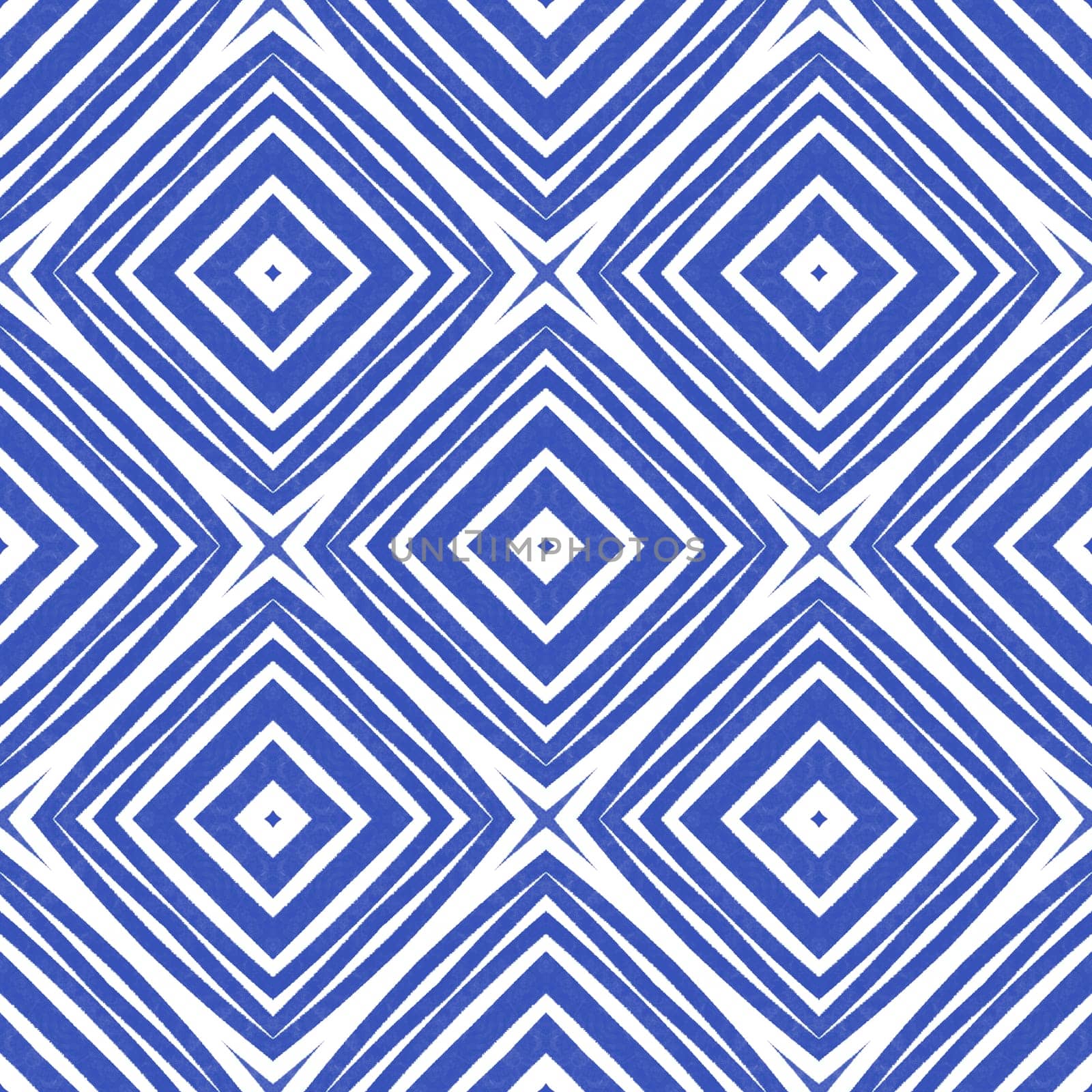 Tiled watercolor pattern. Indigo symmetrical kaleidoscope background. Hand painted tiled watercolor seamless. Textile ready extra print, swimwear fabric, wallpaper, wrapping.