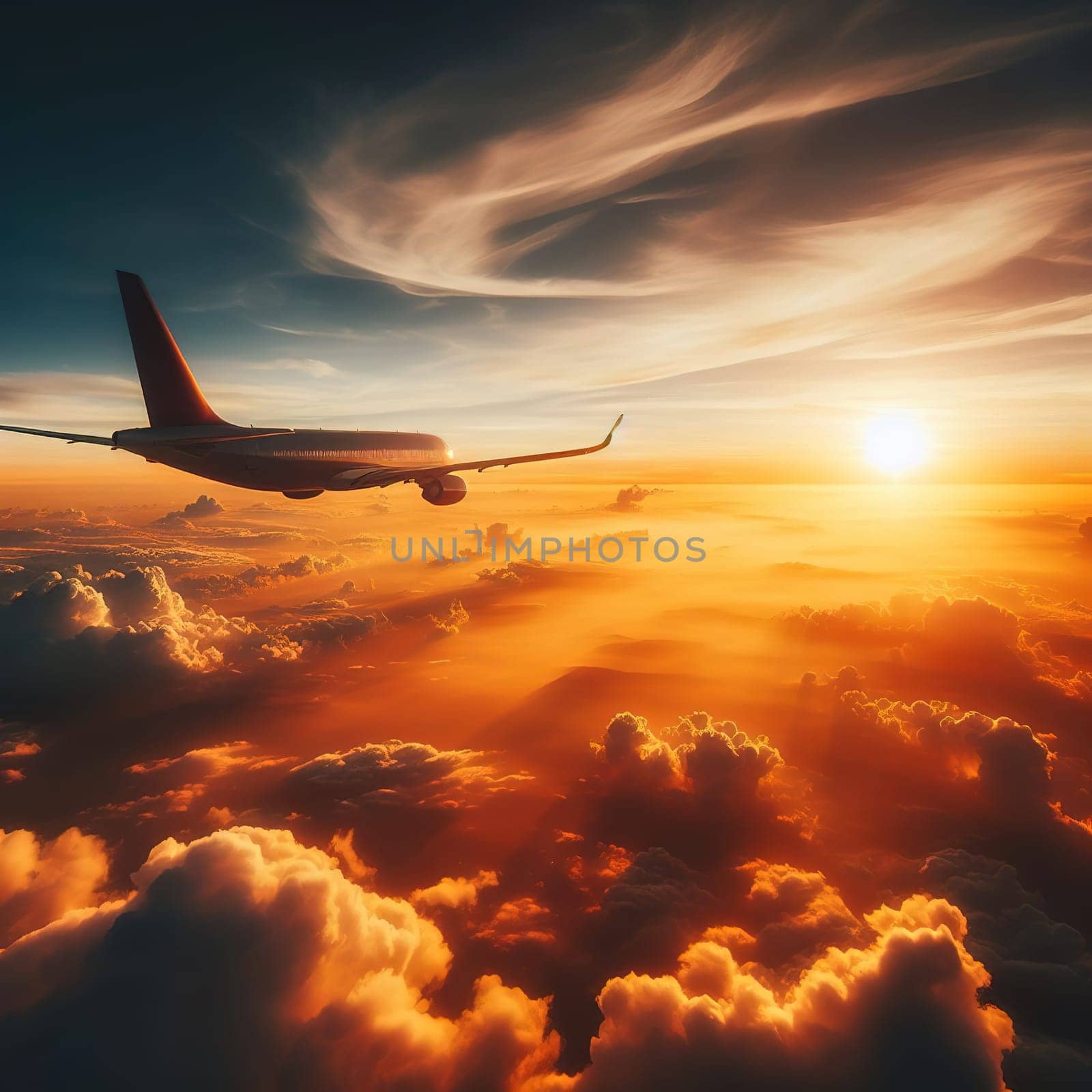 Passenger plane in the sky at sunset. Generative AI by gordiza