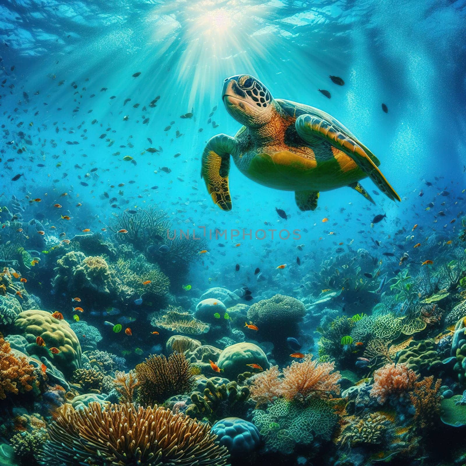 A turtle swims among plastic trash. Generative AI. High quality illustration