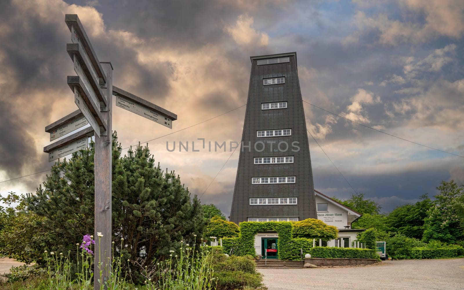 RHINE WESER TOWER, GERMANY - JUNE 7, 2023: Panoramic image of Rhine Weser Tower, tourist attraction on the long distance hiking trail Rothaarsteig on June 7, 2023 in Germany