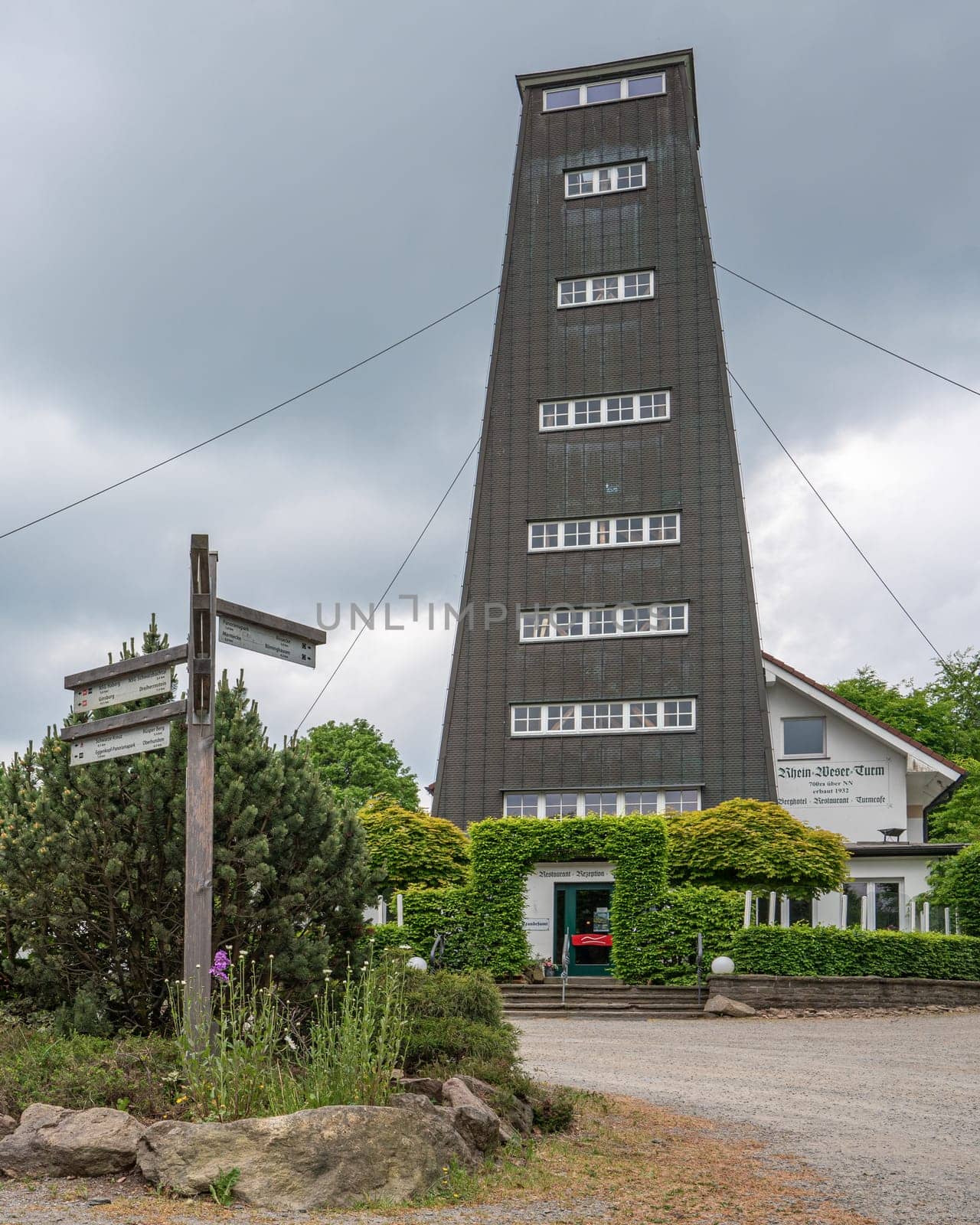 RHINE WESER TOWER, GERMANY - JUNE 7, 2023: Panoramic image of Rhine Weser Tower, tourist attraction on the long distance hiking trail Rothaarsteig on June 7, 2023 in Germany
