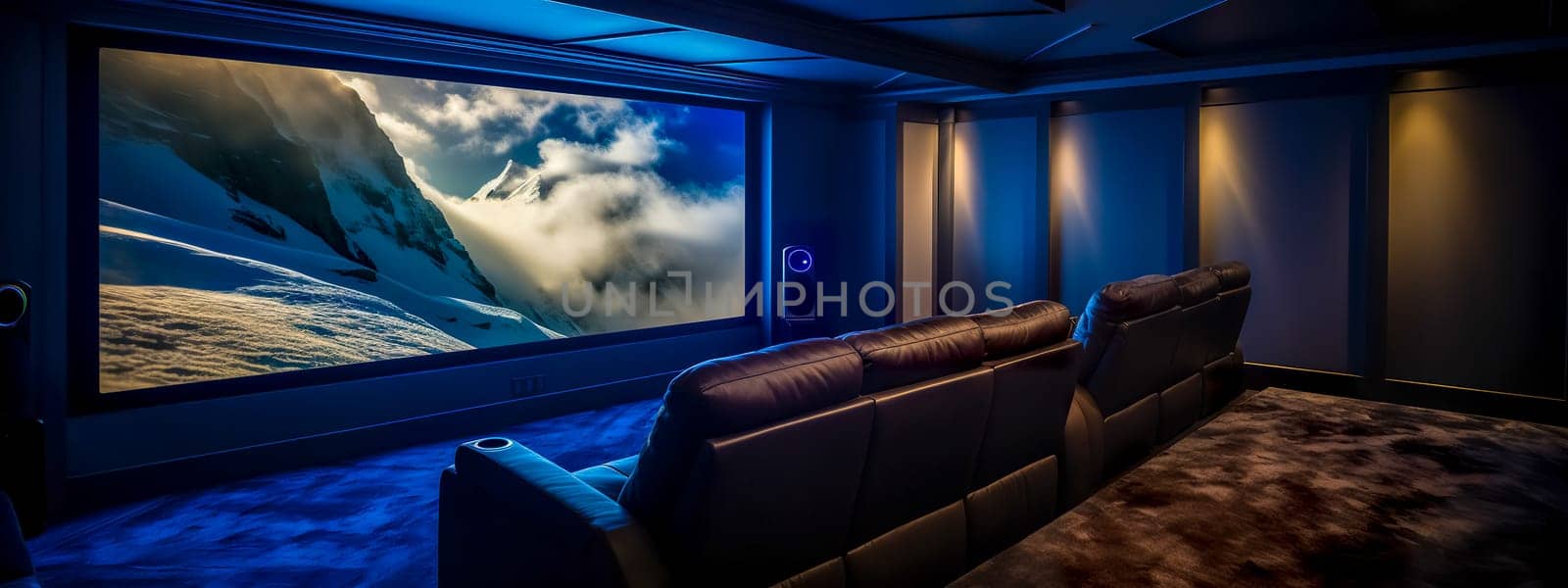 home theater setup with plush leather seating, ambient lighting, and a large projection screen displaying a captivating mountain scene, designed for an immersive viewing experience in a smart home by Edophoto