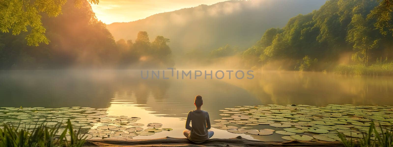 scene of a person meditating by a calm lake surrounded by lush forest, with lily pads floating on the water surface and the soft glow of morning light piercing through the mist by Edophoto