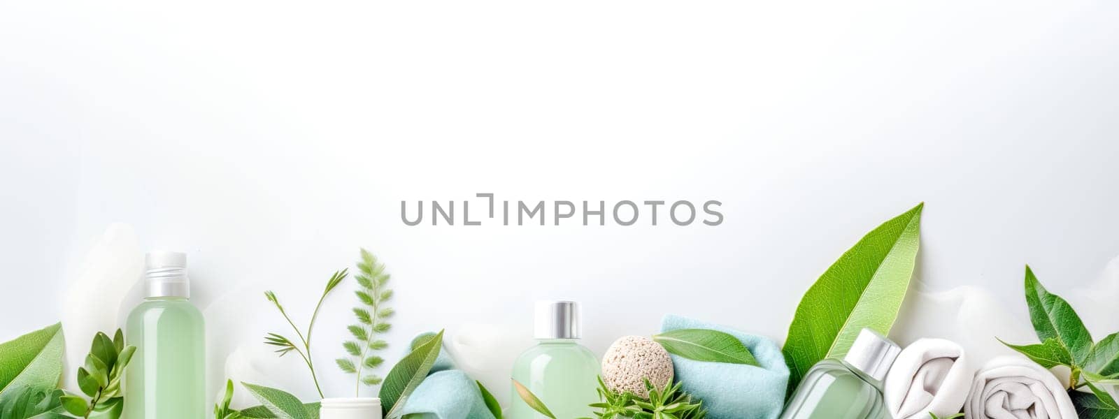 bio clean, eco-friendly theme with various green cleaning products and fresh leaves arranged neatly against a white background, offering plenty of copy space for environmentally conscious messaging by Edophoto
