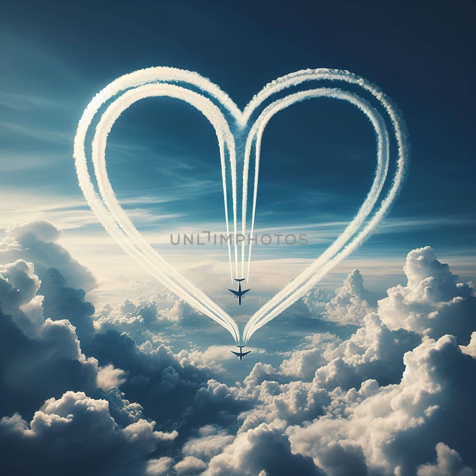 The plane left a heart-shaped trail in the sky. Generative AI by gordiza