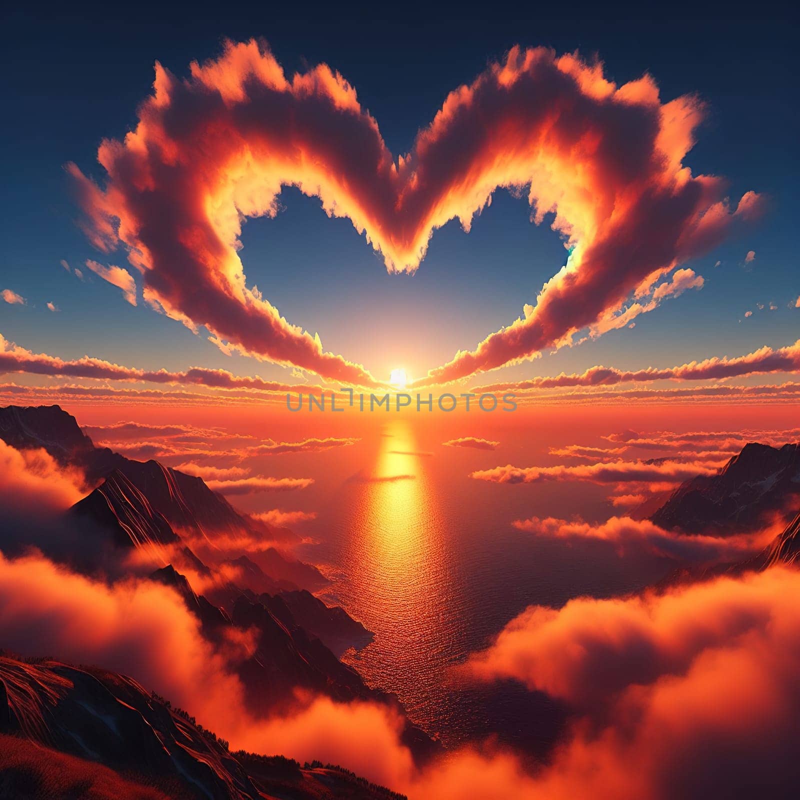 Heart-shaped clouds at sunset. Generative AI by gordiza