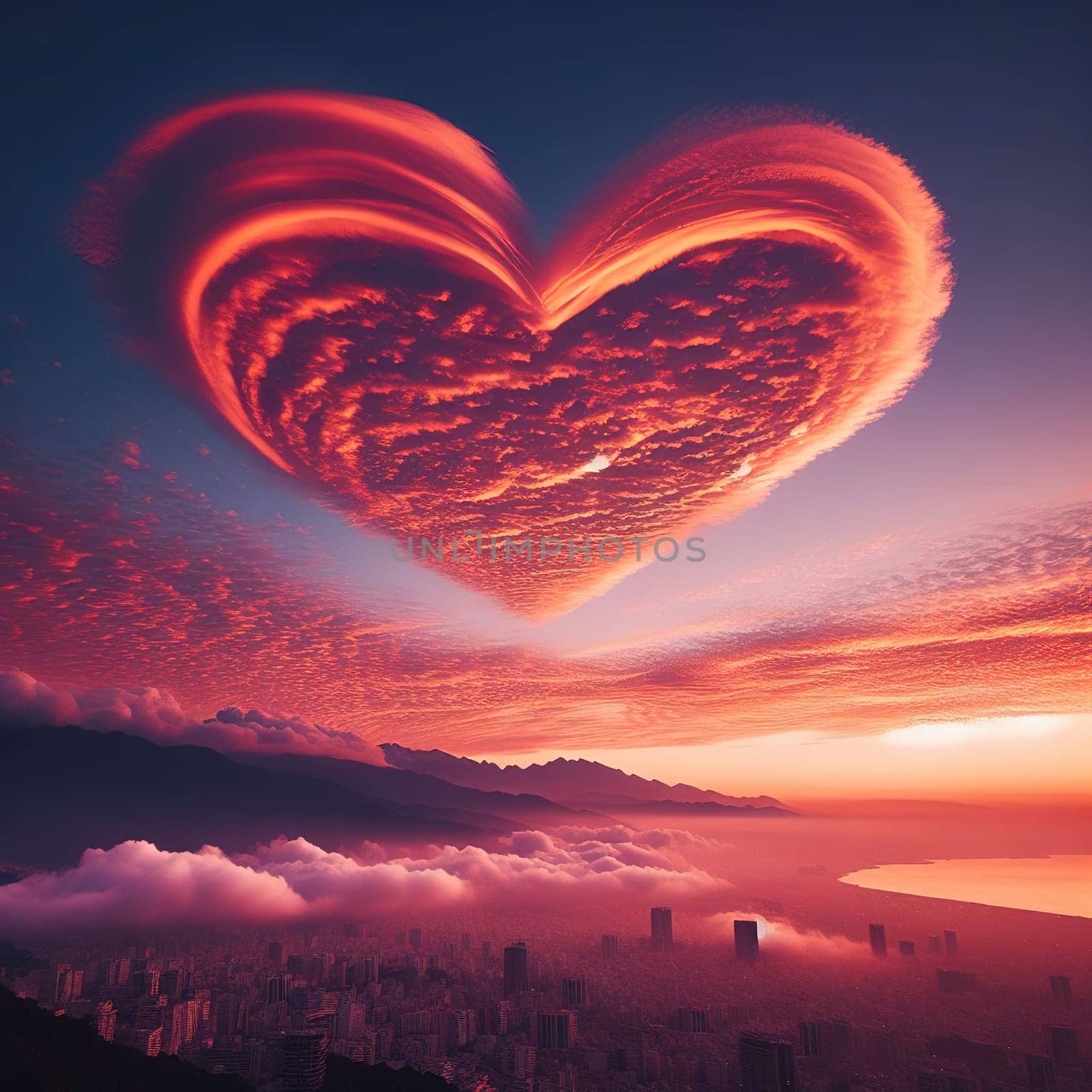 Heart-shaped clouds at sunset. Generative AI by gordiza