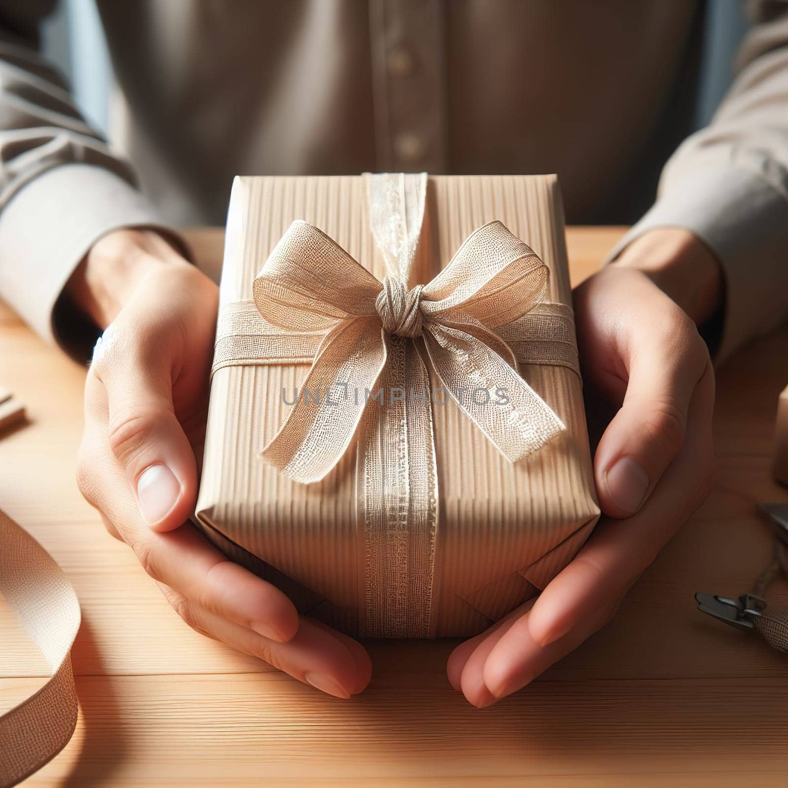 Gift box with a bow in hands. Generative, AI. High quality photo