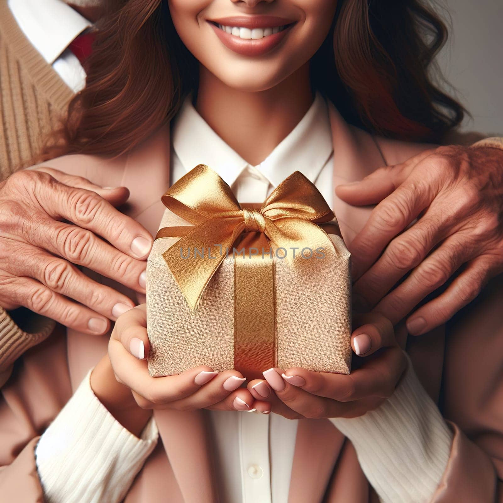 Gift box with a bow in hands. Generative, AI. High quality photo