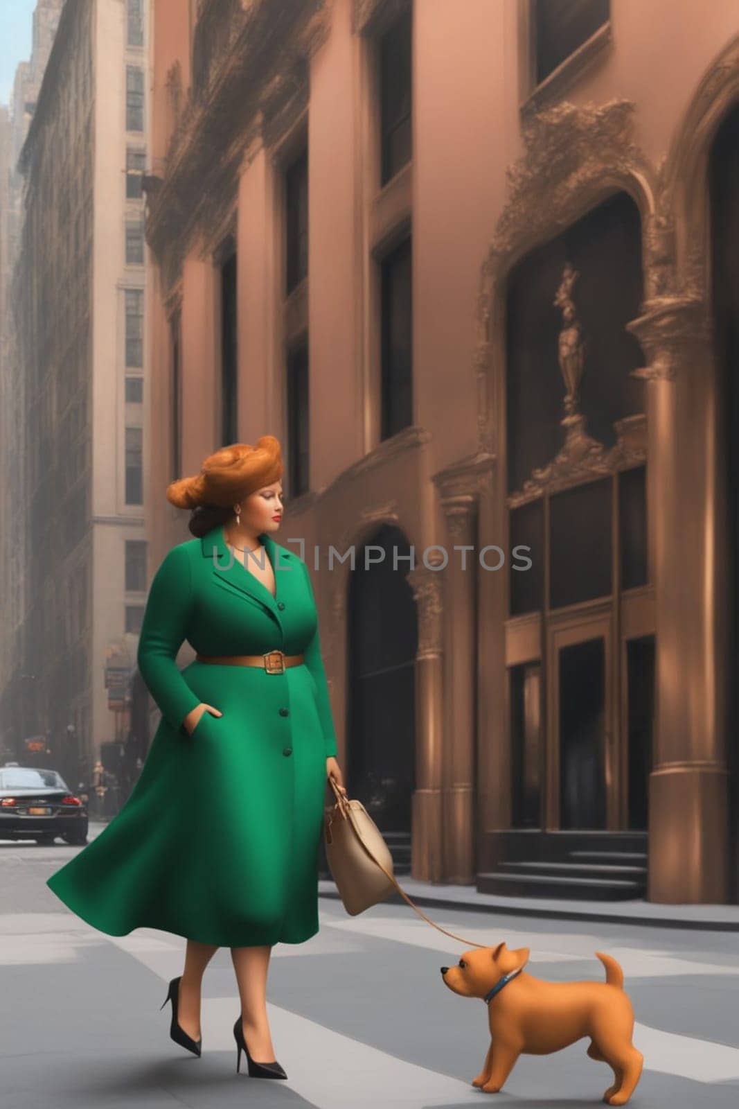 curvy elegant empowered business woman walking with dog in downtown illustration by verbano