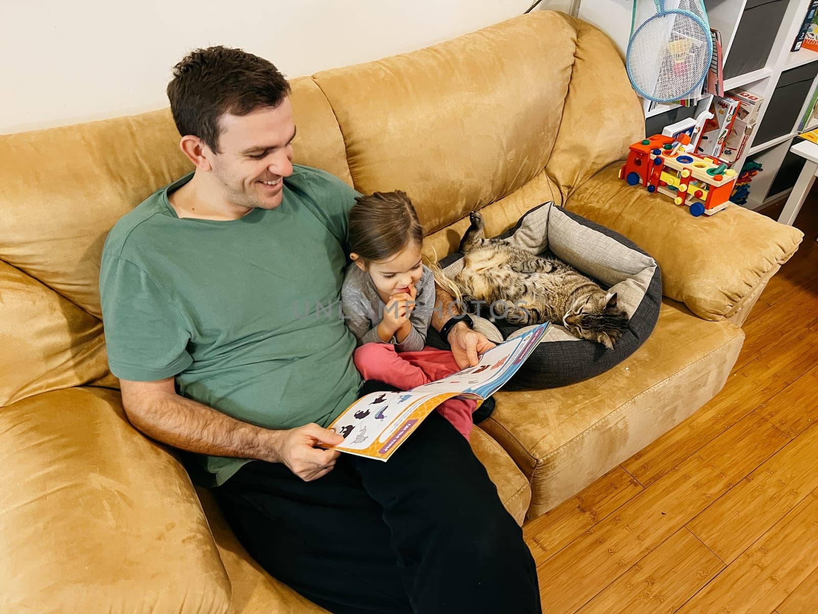 Smiling dad reading book to little girl while sitting on sofa next to cat. High quality photo