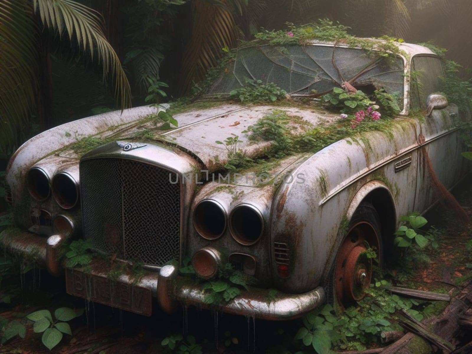 Abandoned rusty expensive atmospheric deluxe sedan car limo as circulation banned for co2 emission 2030 agenda , severe damage, broken parts, plants overgrowth bloom flowers. ai generated