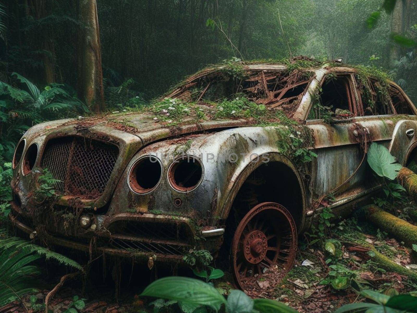 Abandoned rusty expensive atmospheric deluxe sedan car limo as circulation banned for co2 emission 2030 agenda , severe damage, broken parts, plants overgrowth bloom flowers. ai generated