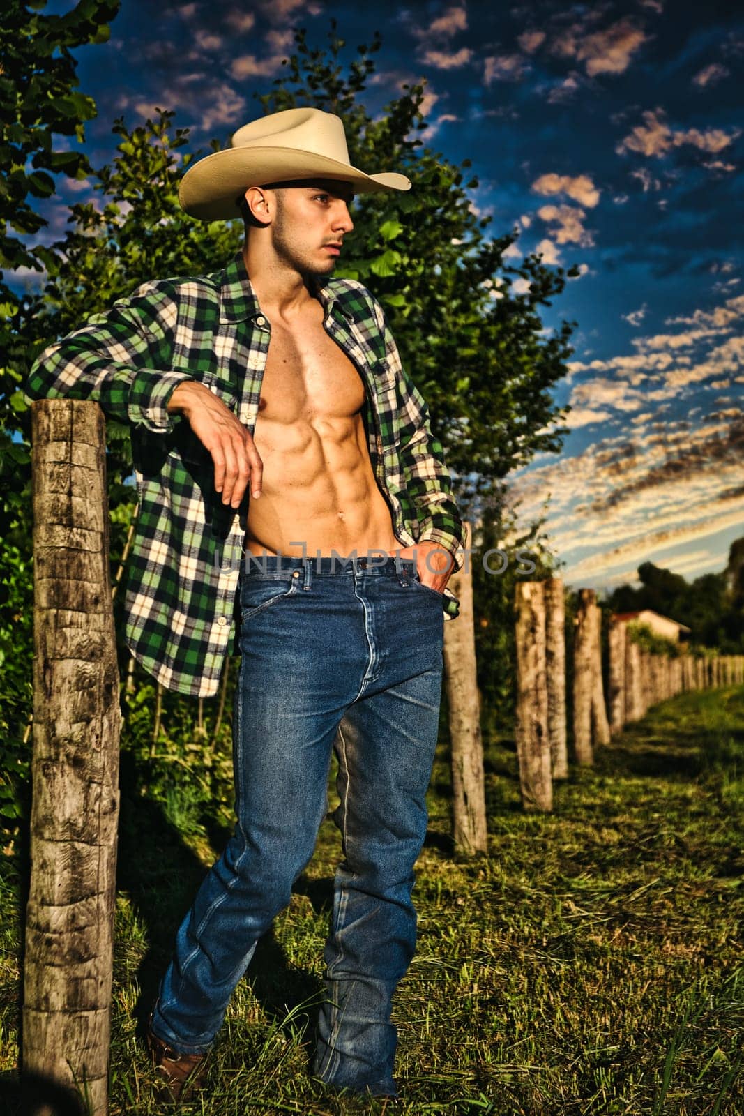 Photo of a rugged cowboy posing confidently against a fence post by artofphoto