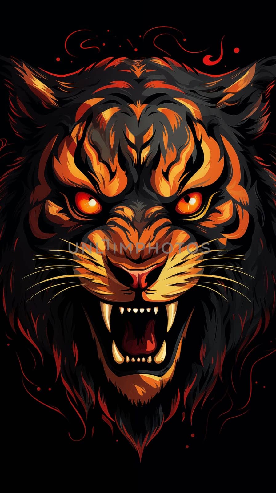 head of an angry tiger, with burning eyes, on a black background, cartoon. Vertical