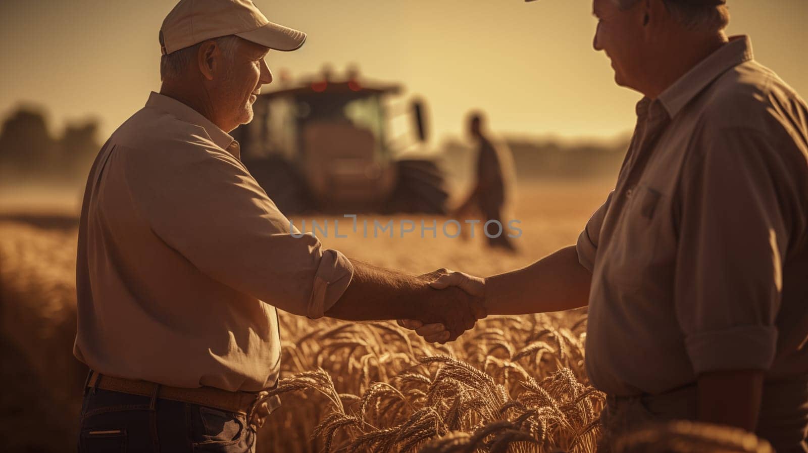 two senior farmers stand on the background of a wheat field with a tractor, shaking hands by Zakharova
