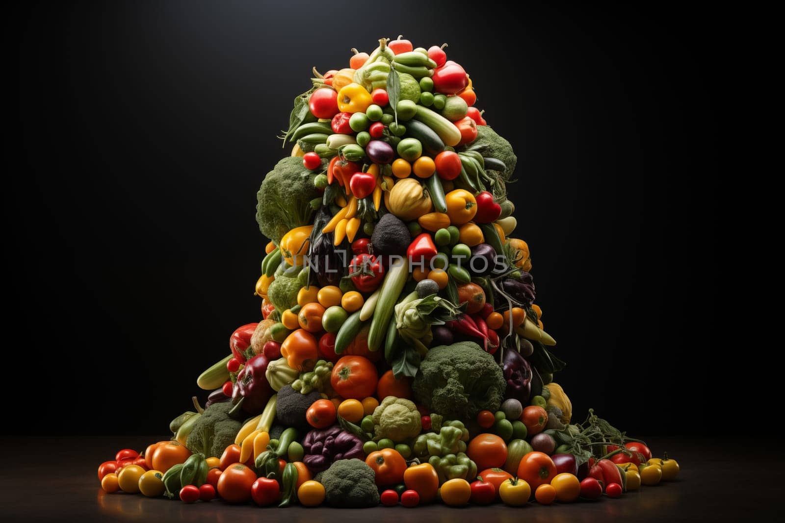 A pile of vegetables in the form of a pyramid on a black background by Zakharova