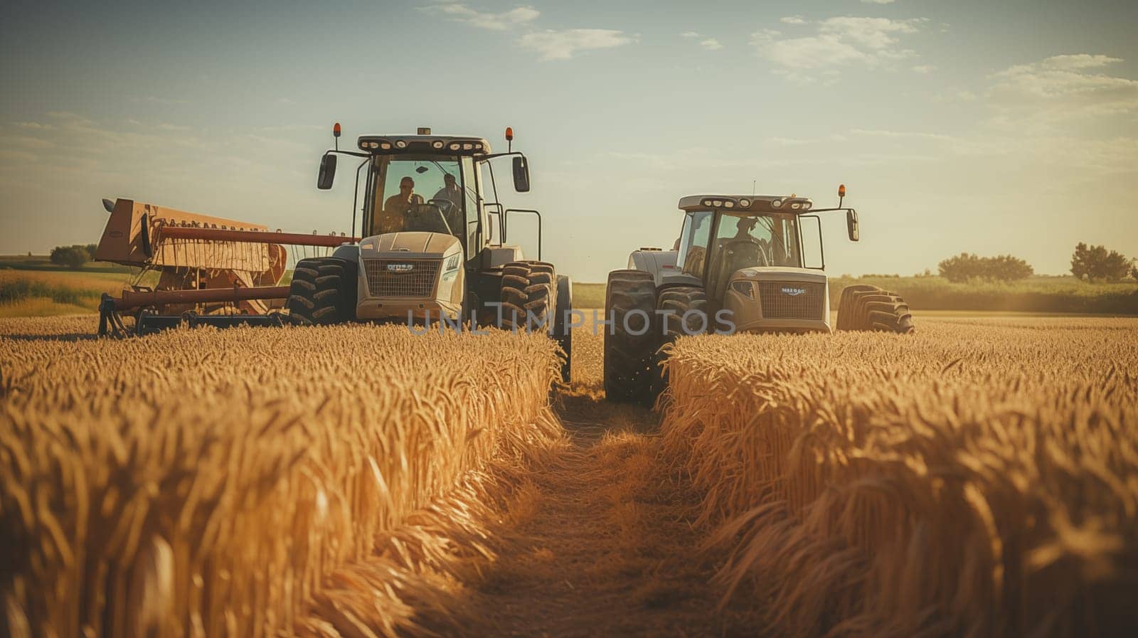 Combine and tractor harvester harvests ripe wheat on field at sunset by Zakharova