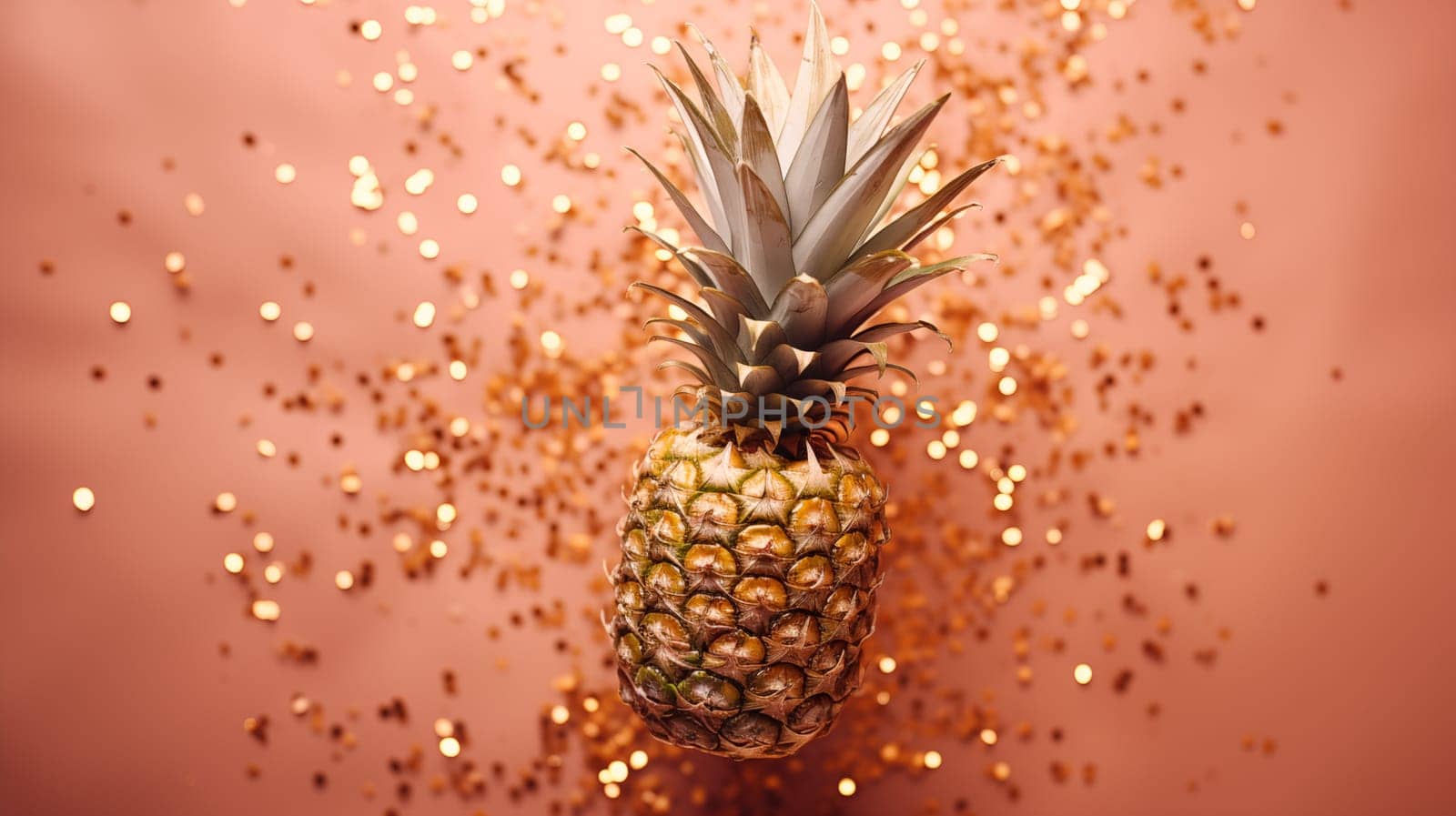 Pineapple is lying on a peach-colored background with golden confetti is scattered nearby.