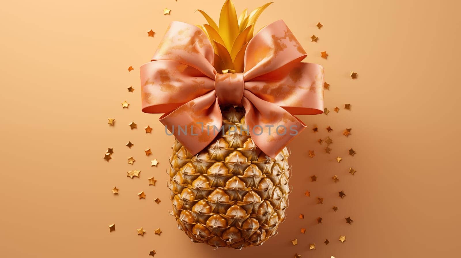 A golden pineapple with a pink bow lies on a peach-colored background, and golden confetti is scattered nearby.