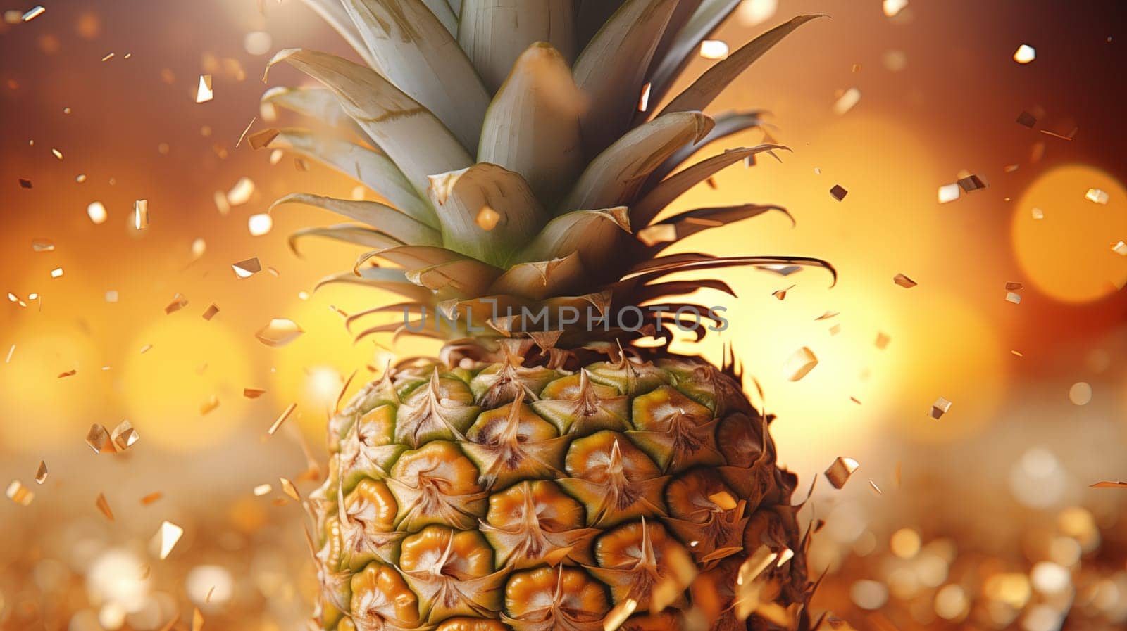 A pineapple stands on a yellow background with a bokeh, golden confetti falls from above.