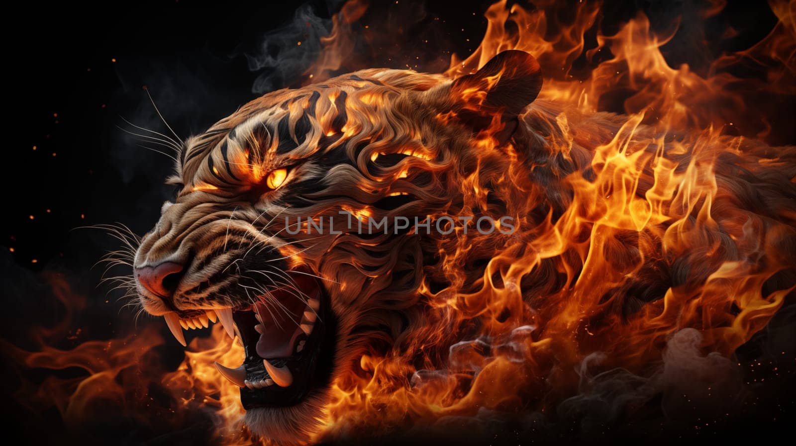 Head of an angry, fiery tiger, with open mouth, on a black background.