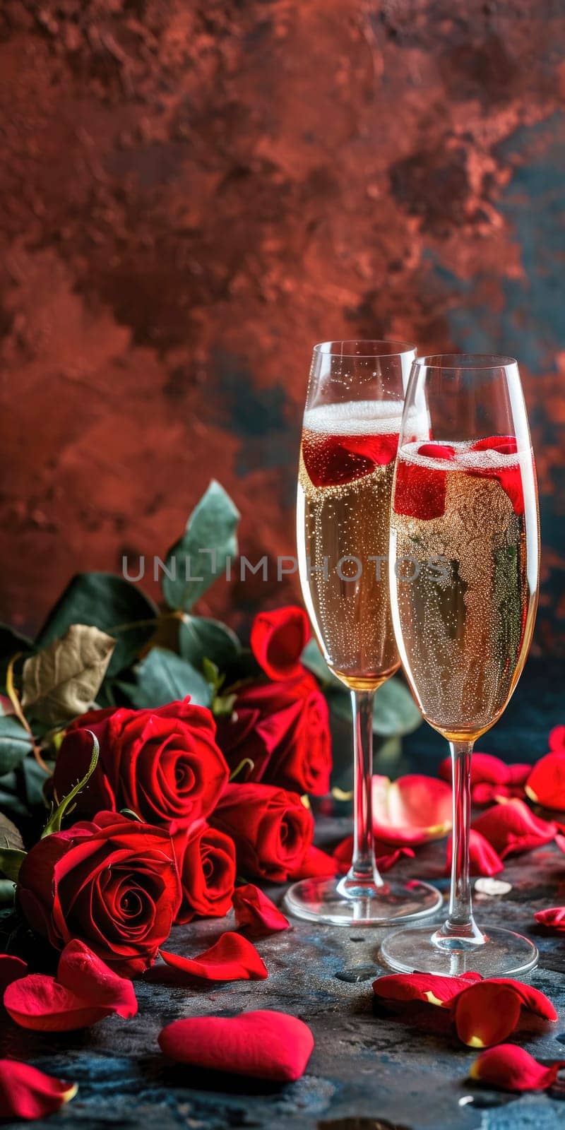 Valentine's day background with glasses of champagne and roses. Vertical banner or greeting card for smartphone