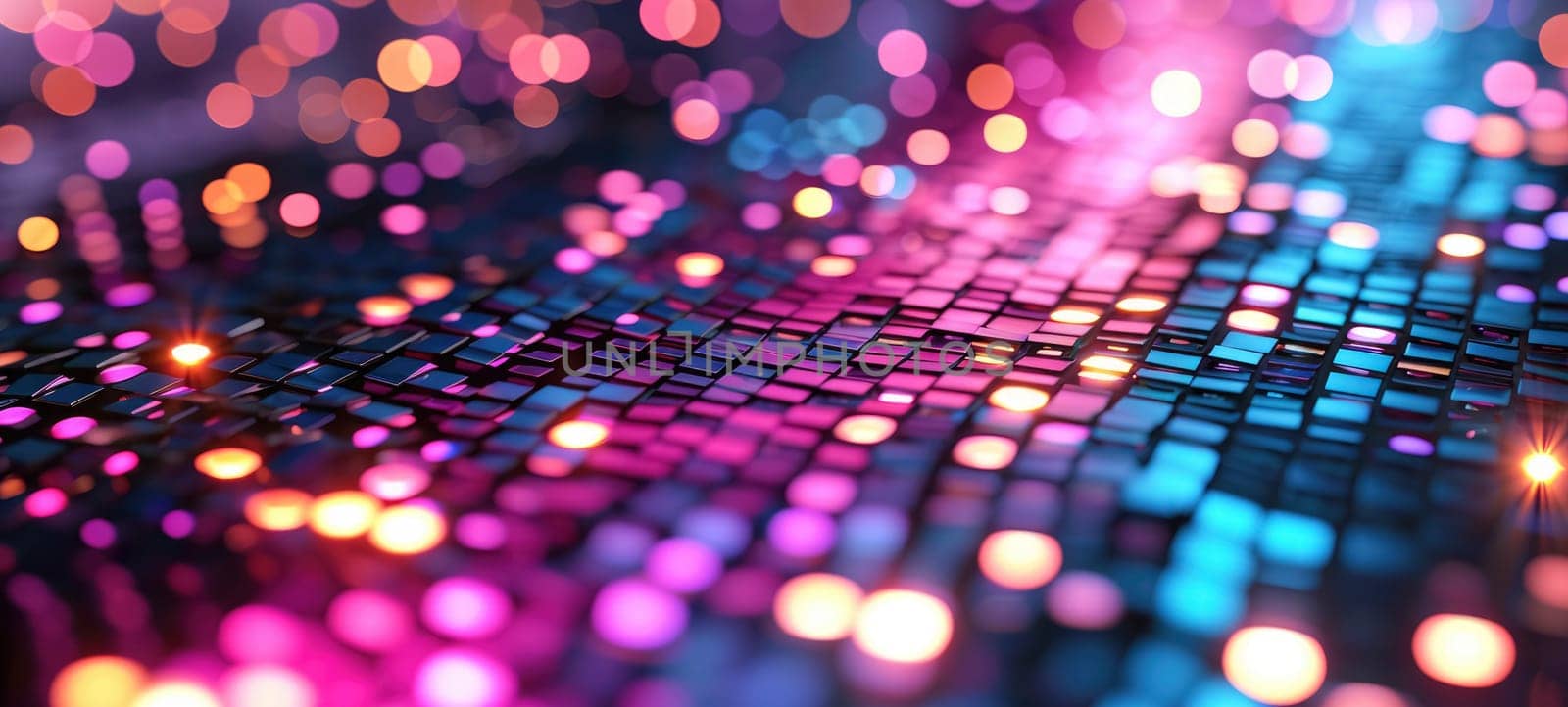 Disco style background with neon blue and purple lights, bokeh. Abstract futuristic background.