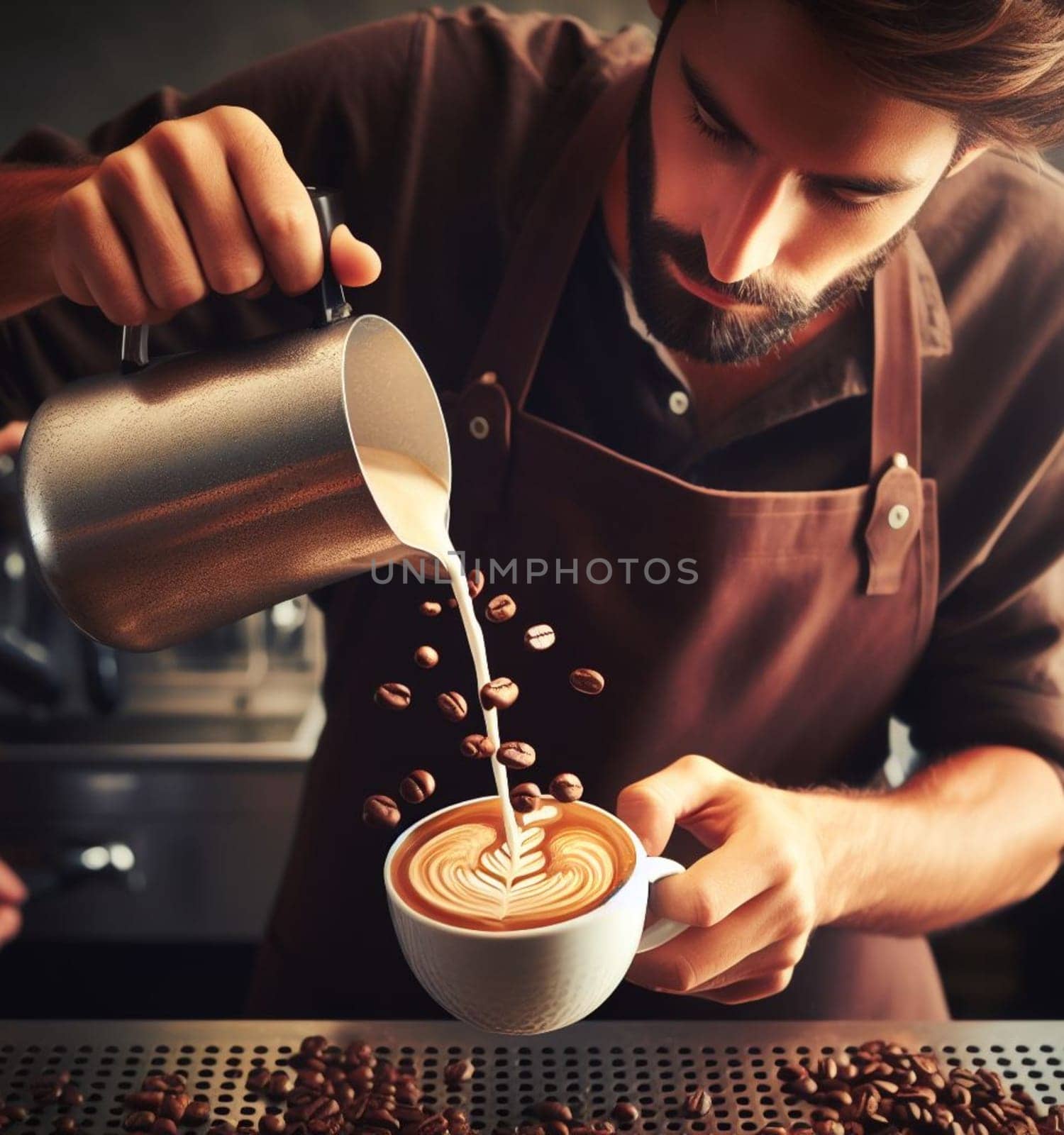 make latte art golden cappuccino at bar expert barista splashing cream fantasy illustration render art generated