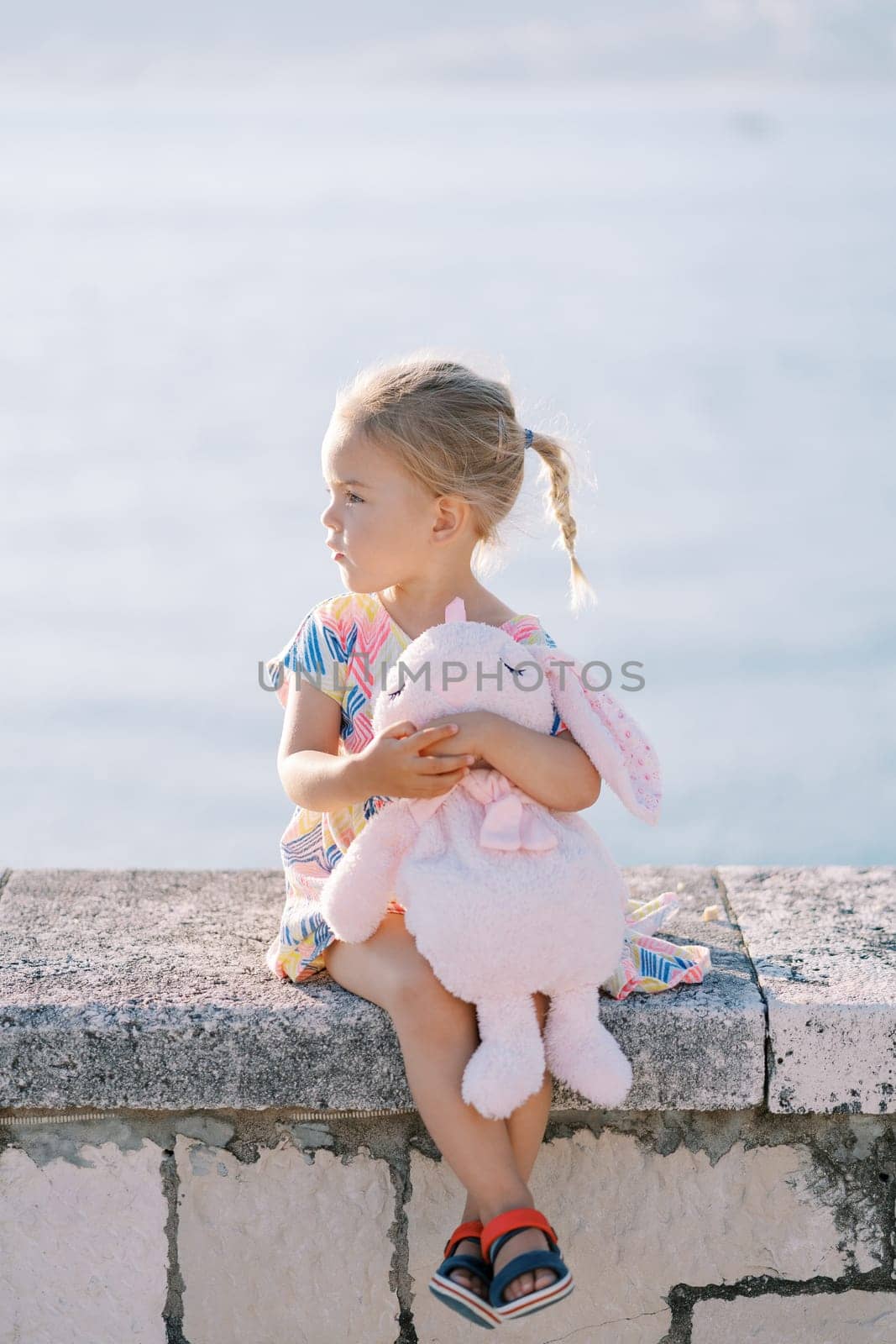 Little girl with a pink plush rabbit in her hands sits on a fence by the sea and looks away by Nadtochiy