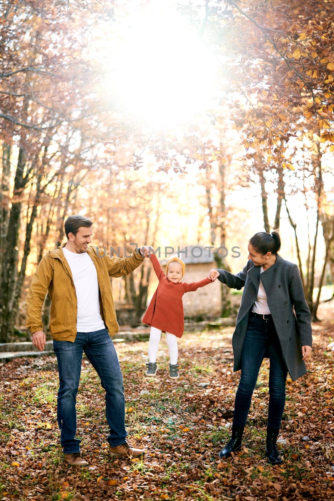 Dad and mom lift a little girl by the hands while standing in a sunny park by Nadtochiy