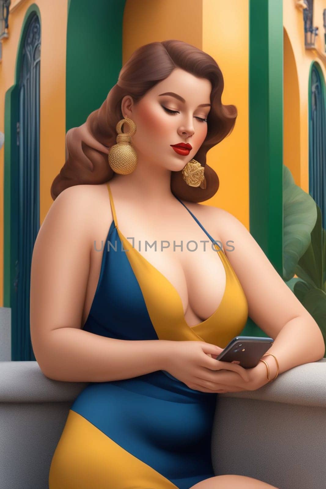 iilustration poster of voluptous female model using smartphone outdoors in a yard in caribbean villa by verbano