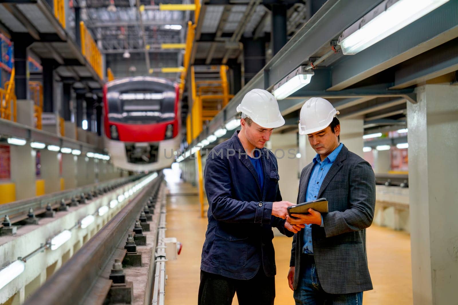 Professional manager or engineer workers discuss together with tablet in front of electrical or metro train in the factory.