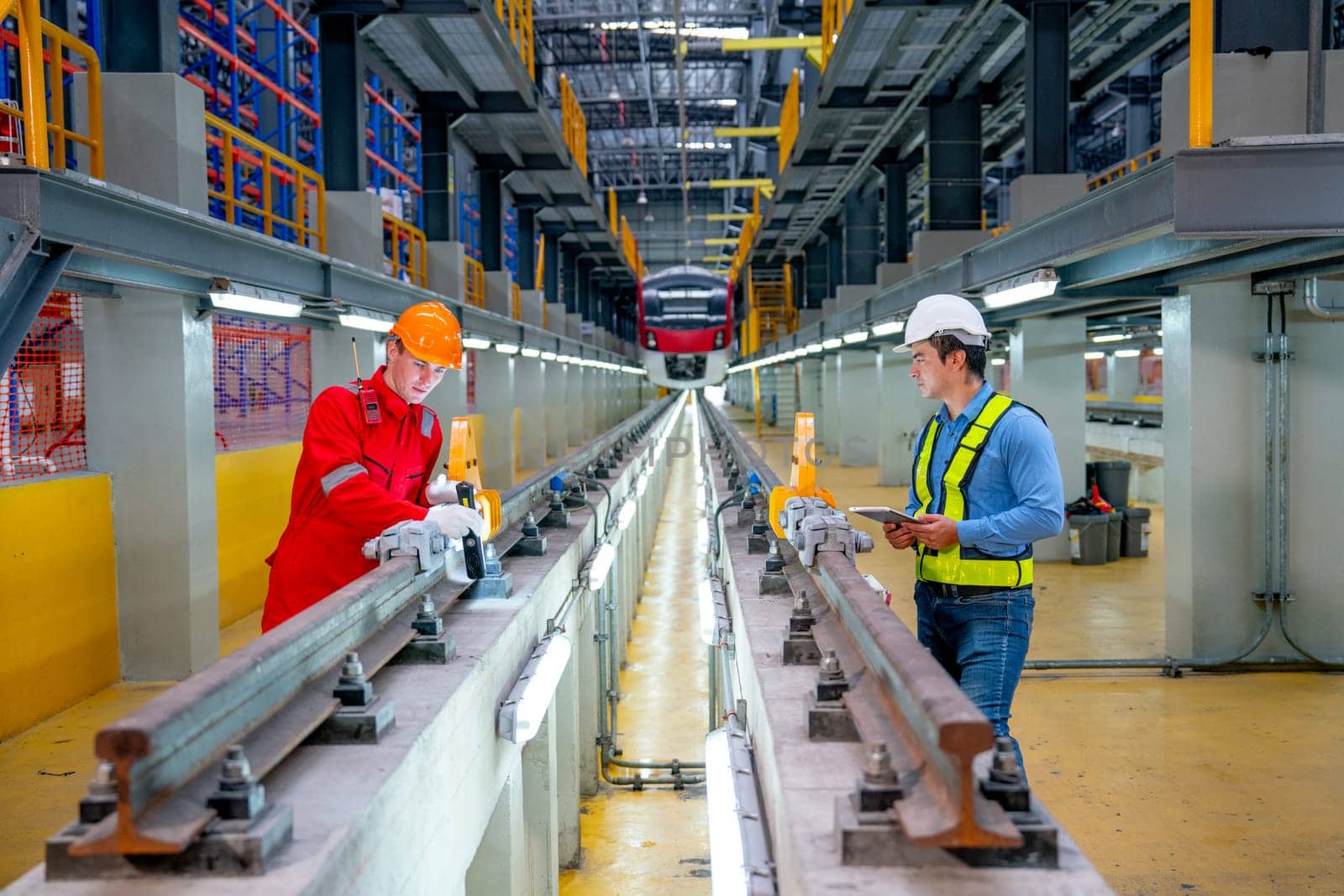 Engineer hold tablet and discuss with technician worker near railroad tracks of electrical or sky train in factory workplace also look at camera with smiling.