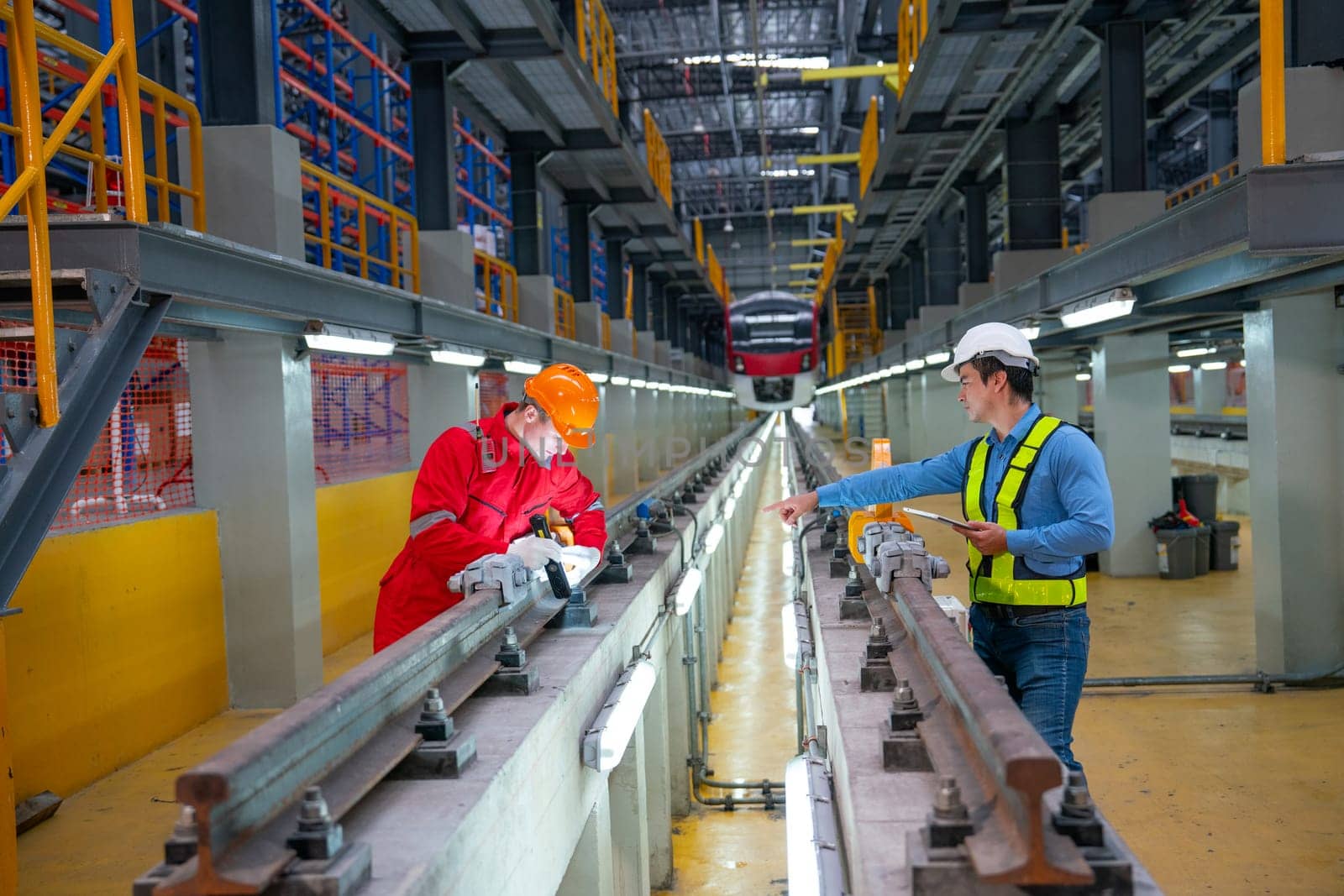 Professional engineer hold tablet and point to technician worker near railroad tracks of electrical or sky train in factory workplace for maintenance the track.