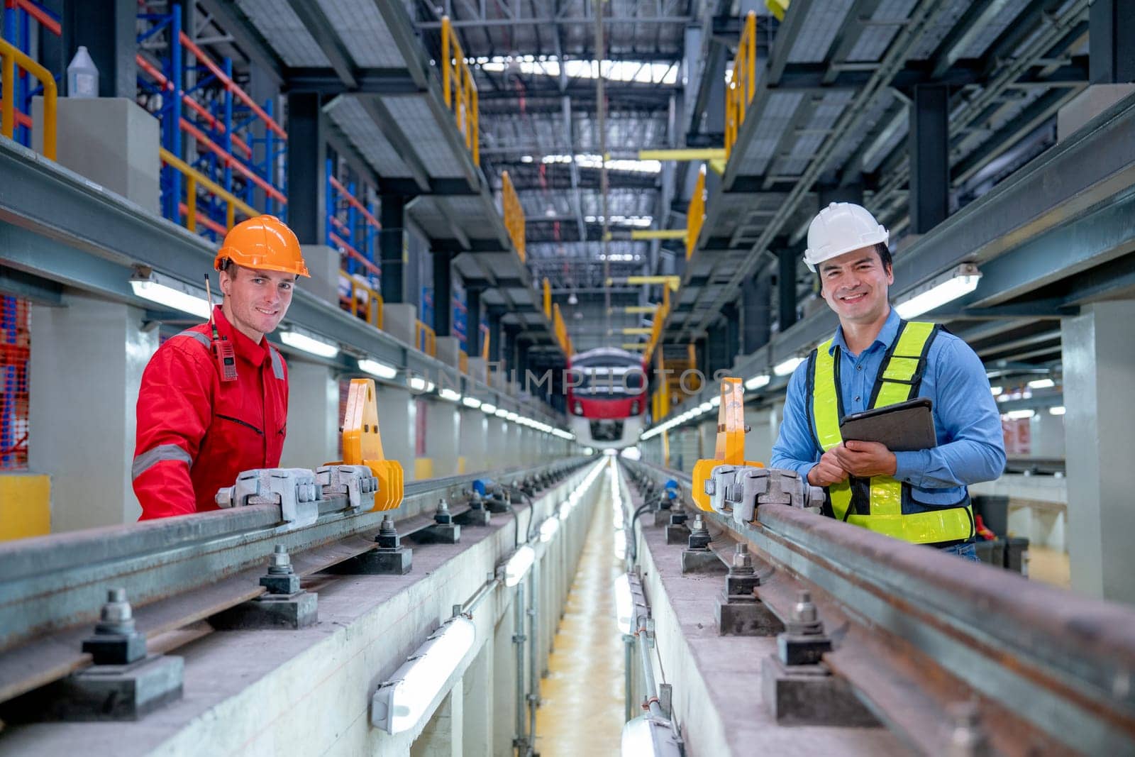 Professional engineer hold tablet and stand with technician worker near railroad tracks of electrical or sky train in factory workplace also look at camera with smiling.