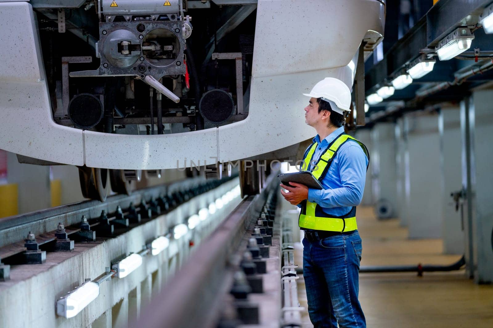 Professional engineer worker hold tablet and check or maintenance front part of electrical or metro tain in factory workplace.