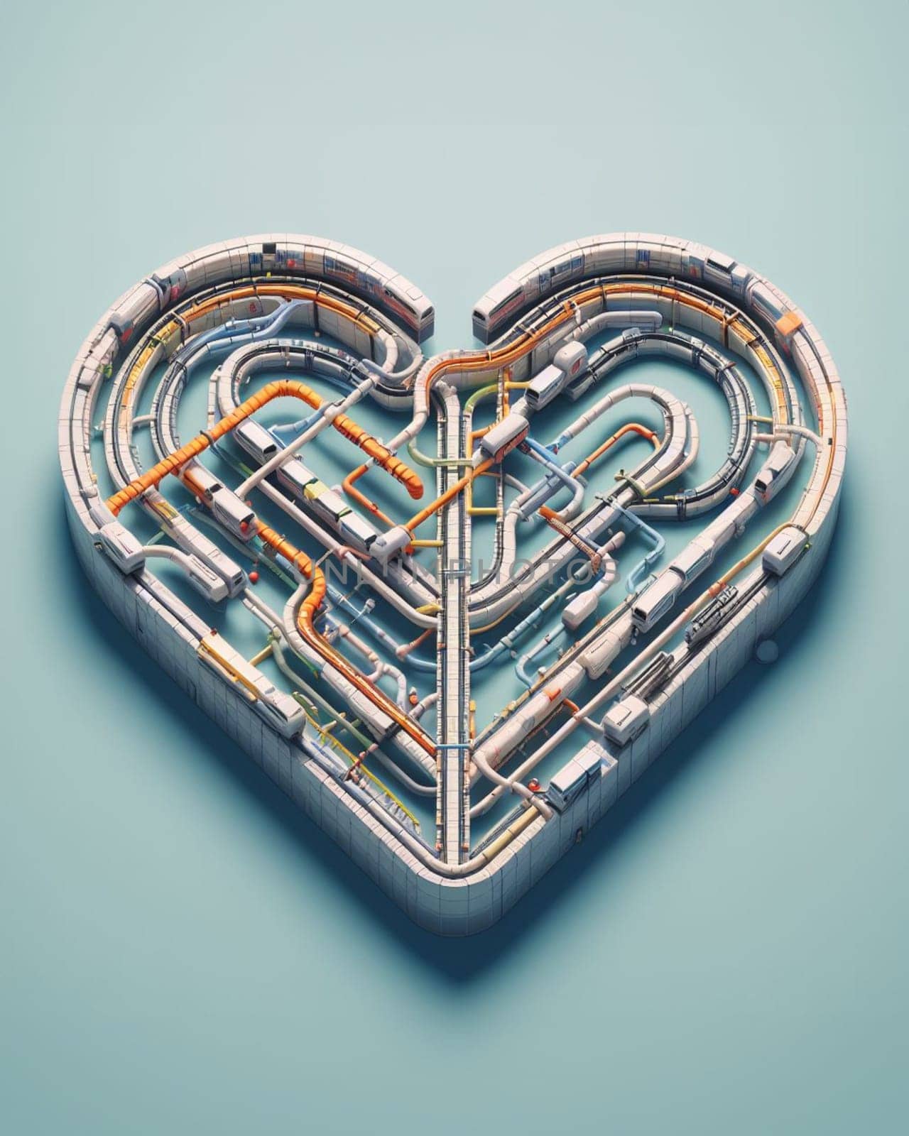 engineered heart shaped pipe system steampunk love concept isolated illustration 3d render by verbano