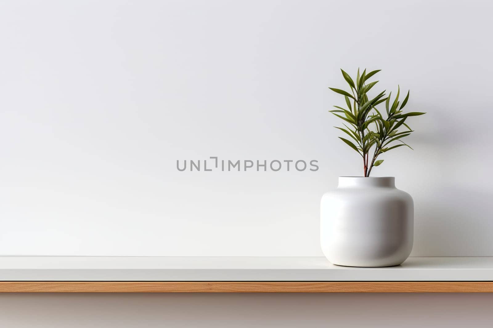 Wooden shelf with a green plant in a white pot against a white wall. Generated by artificial intelligence by Vovmar