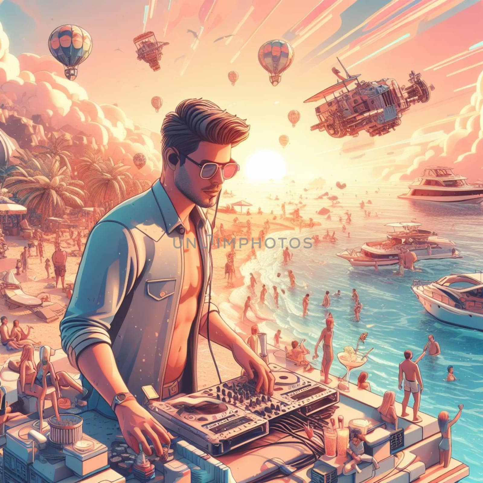 young deejay, wear glasses earphone hosting dj set at crowded beach party tropical island isometric by verbano