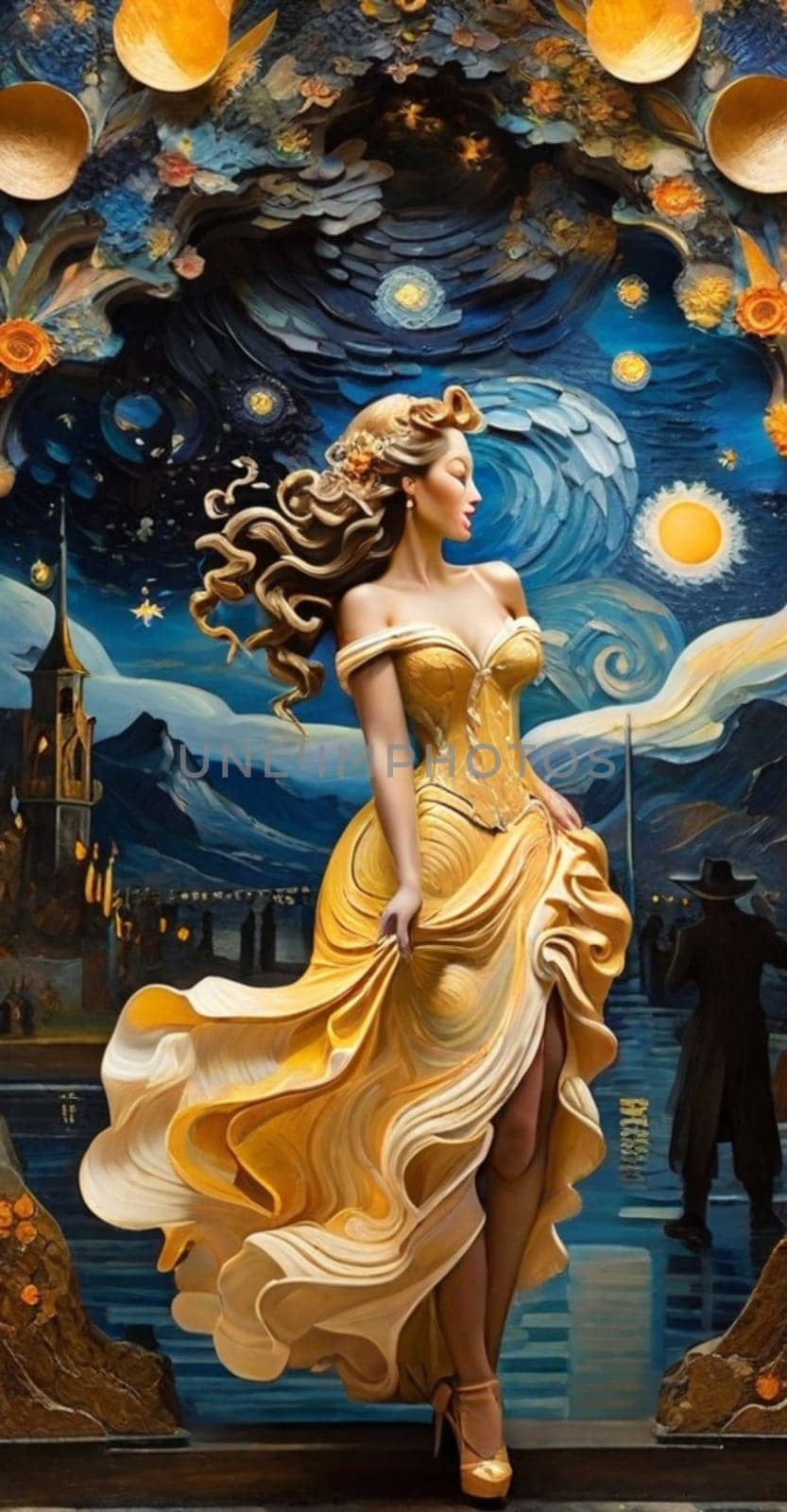 Dreamlike scene blending the swirling impressionist sky, europa village on the background, a carved fantastical female voluptous creature in elegant gala party dress, curly hairstyle, ai art generated