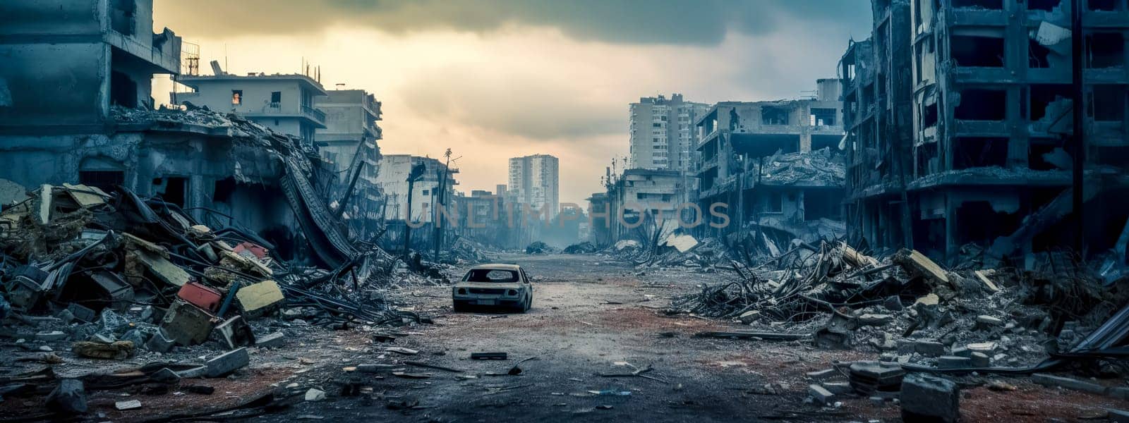 destroyed city, ruins of buildings and cars, apocalypse banner