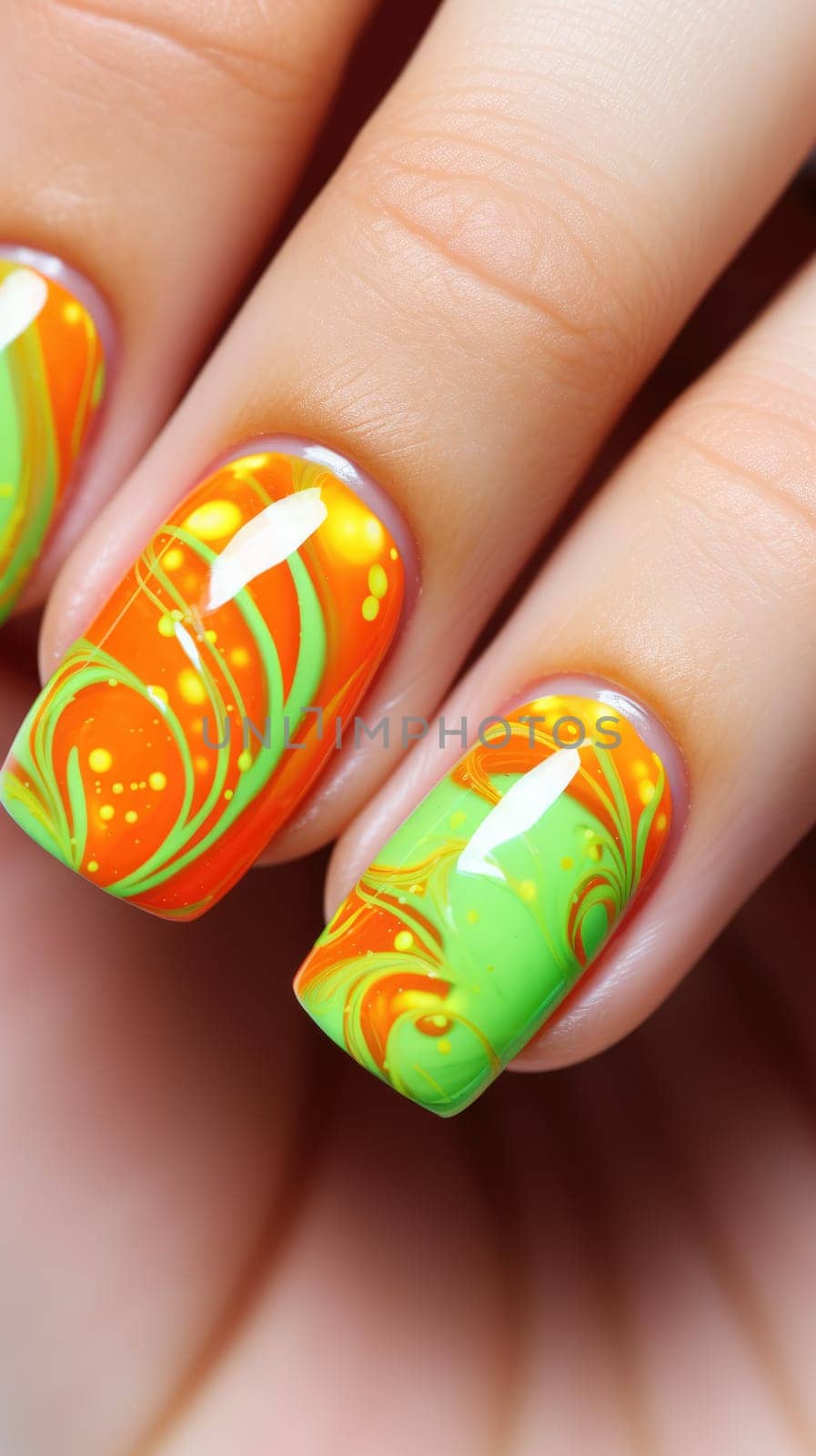Bright neon manicure on female hands with accessories. Nail design. by natali_brill