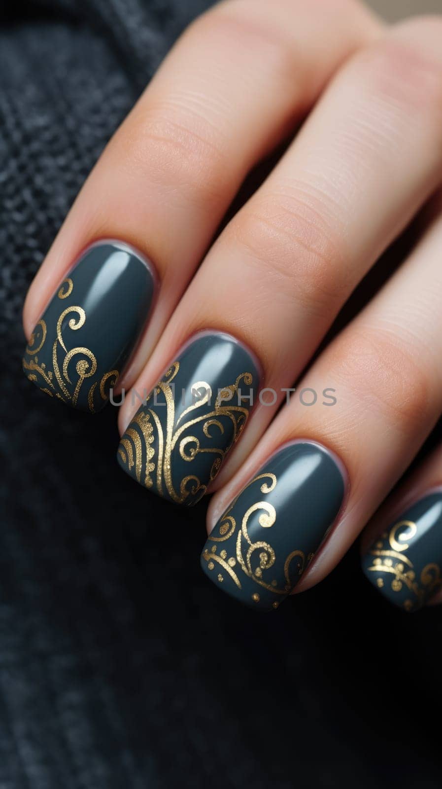 Women hands. Matte black manicure with accent gold pattern AI
