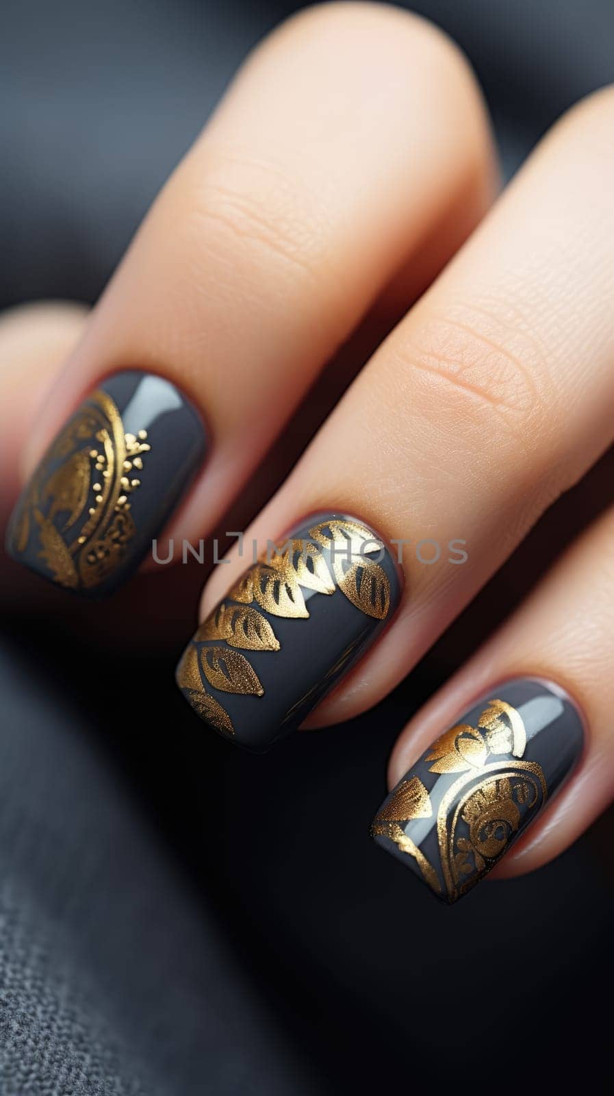 Matte black manicure with accent gold pattern by natali_brill