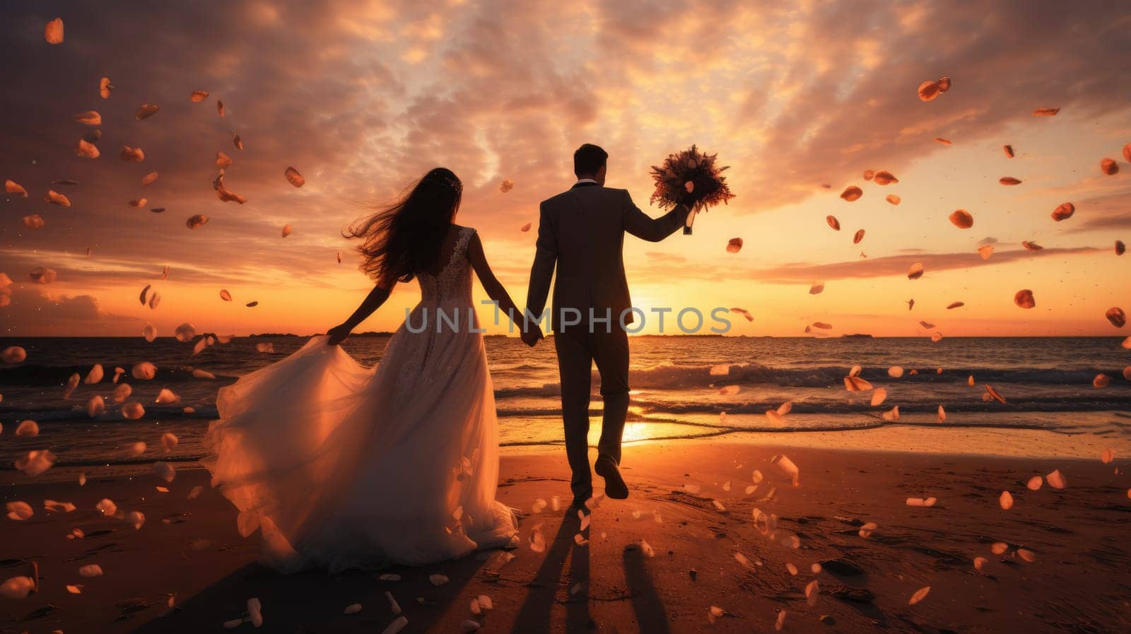 Happy couple celebrating wedding ceremony on the beach, luxurious sunset AI