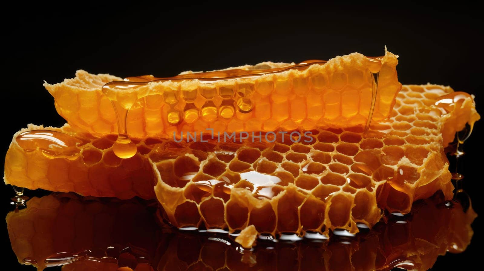 Marco juicy honeycomb on black background. Fresh sweet honey. Healthy foods AI