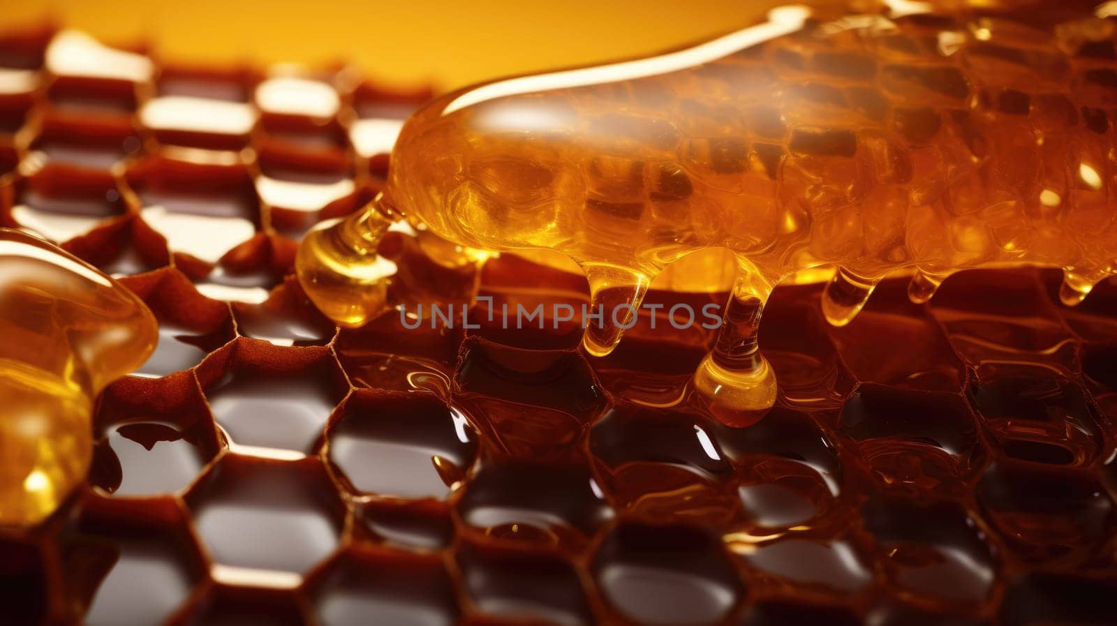 Marco juicy honeycomb background. Fresh sweet honey. Healthy foods AI