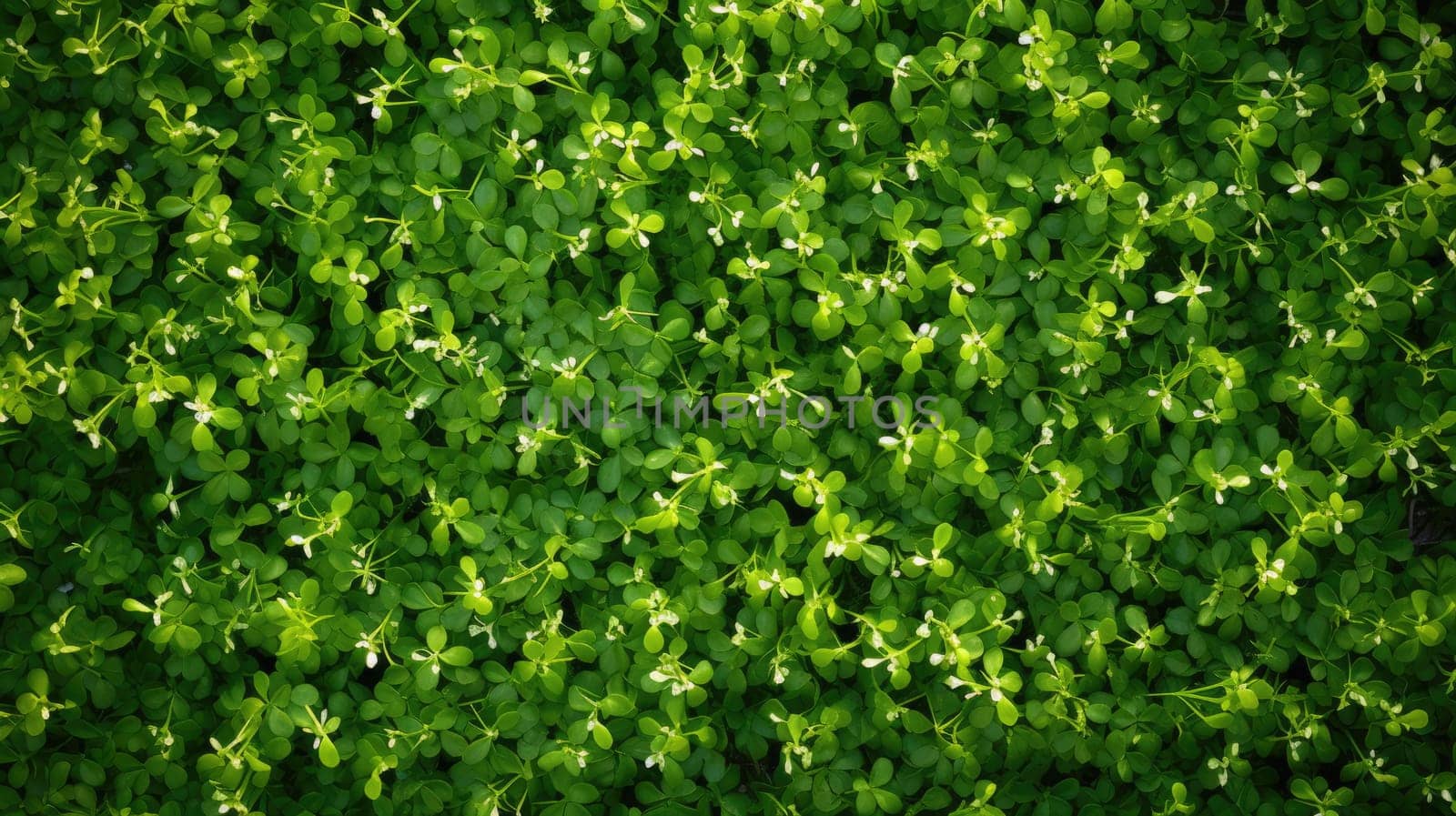 Soft green carpet of young grass interspersed with the first flowers. View from above AI