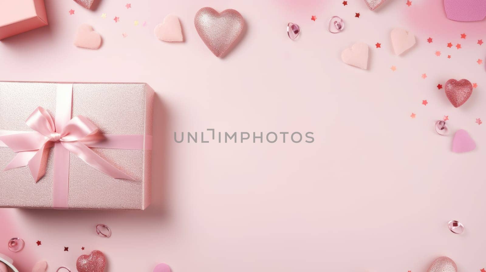 Pink greeting card mockup with gift boxes and hearts. Flat lay, top view, copy space. AI